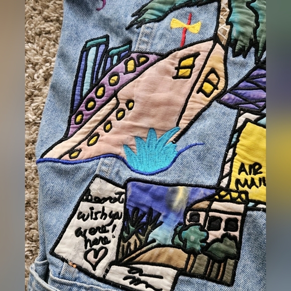 Silkscapes Women's Embroidered Travel The World Blue Jean Jacket Size Small Vtg - Picture 10 of 16